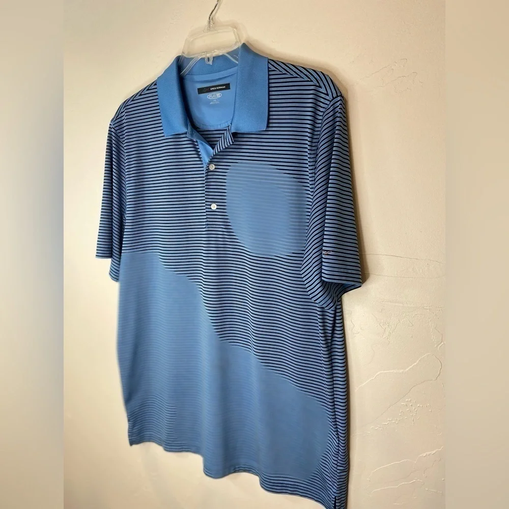 Greg Norman~Light Blue & Black Stripped Play Dry Golf Polo Shirt~Size L